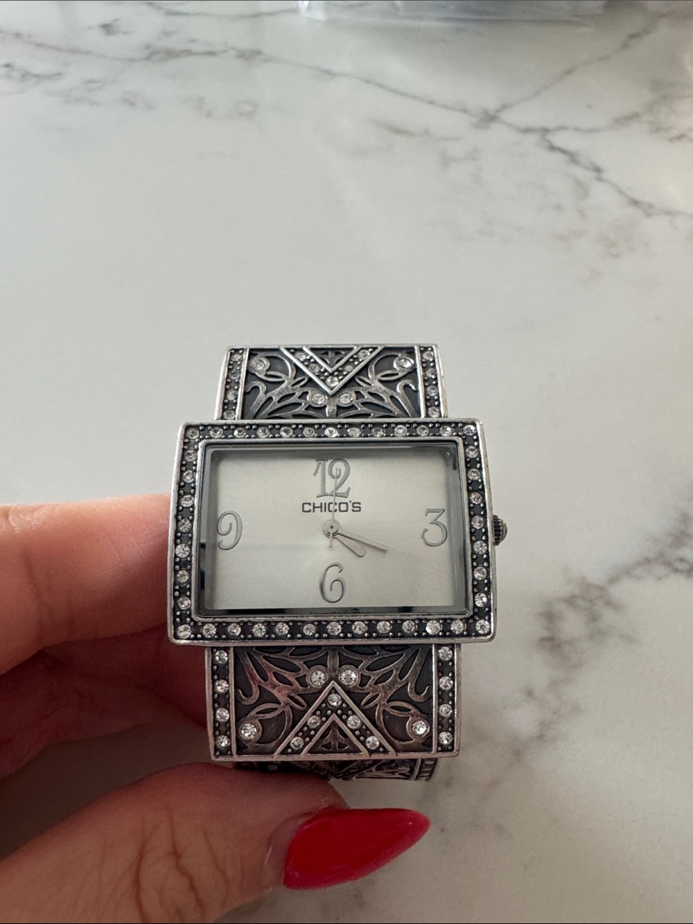 Chico's Silver-Tone Filigree Crystal Square Bracelet Watch